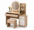 Toeletta in Legno con Specchio LED e Sgabello, 3 Cassetti, Rovere