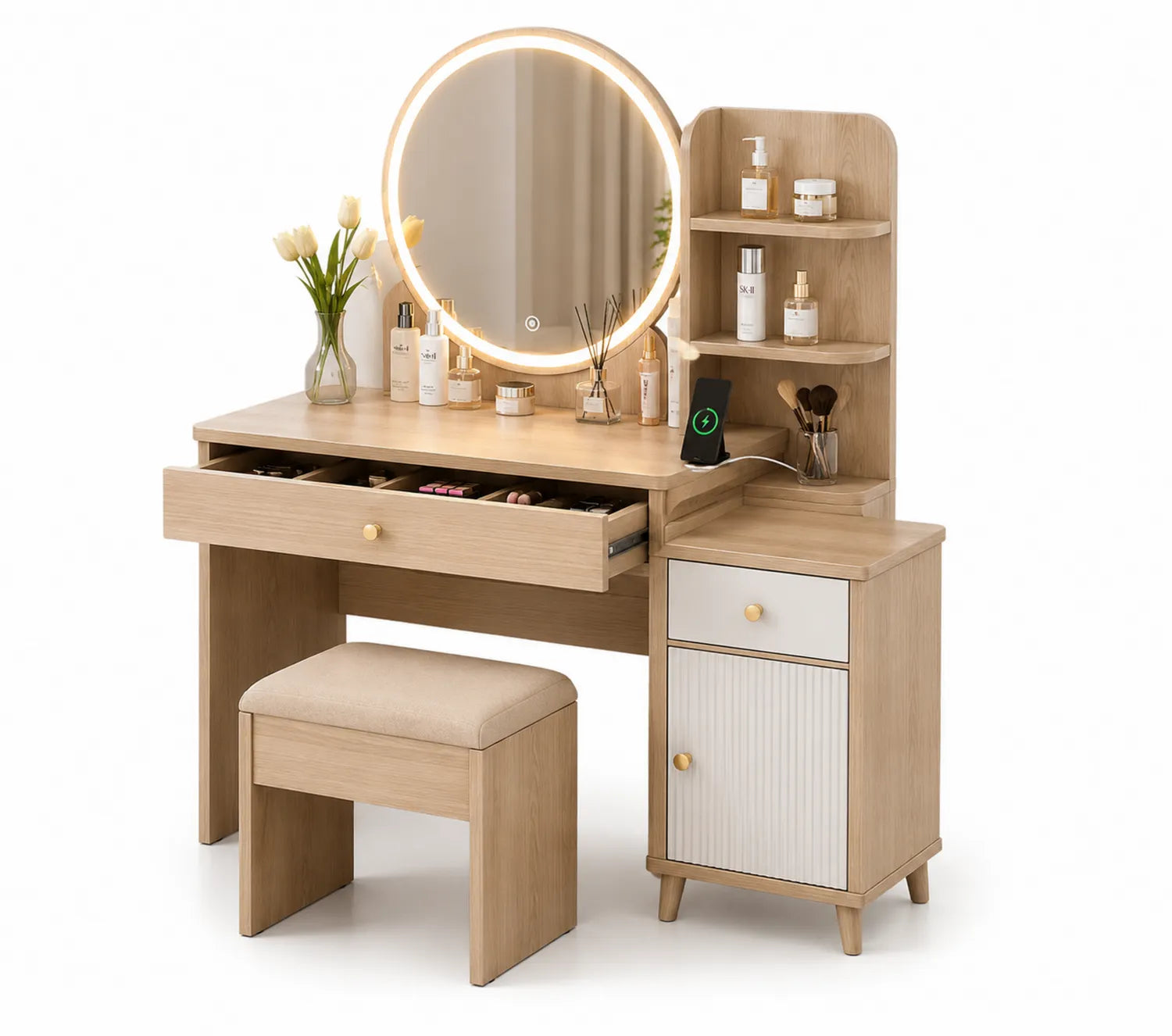 Toeletta in Legno con Specchio LED e Sgabello, 3 Cassetti, Rovere