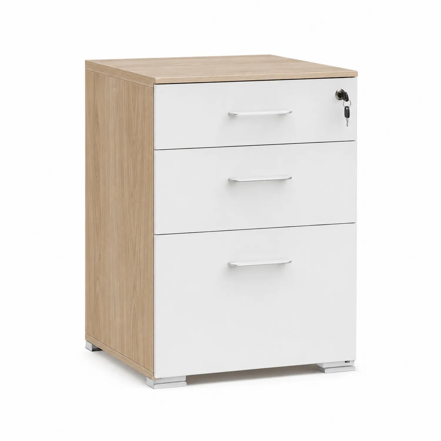 Cassettiera da ufficio 3 cassetti in legno e MDF bianco naturale 60x40x50 cm