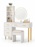 Toletta con Specchio LED Rotondo in Legno e Metallo Bianco e Oro con Sgabello