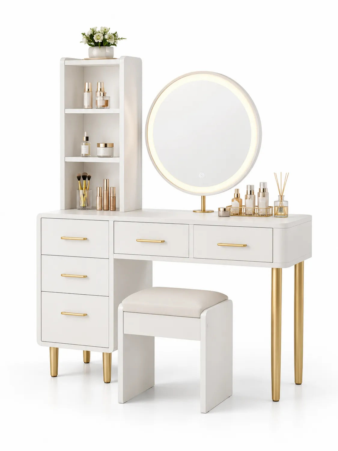 Toletta con Specchio LED Rotondo in Legno e Metallo Bianco e Oro con Sgabello