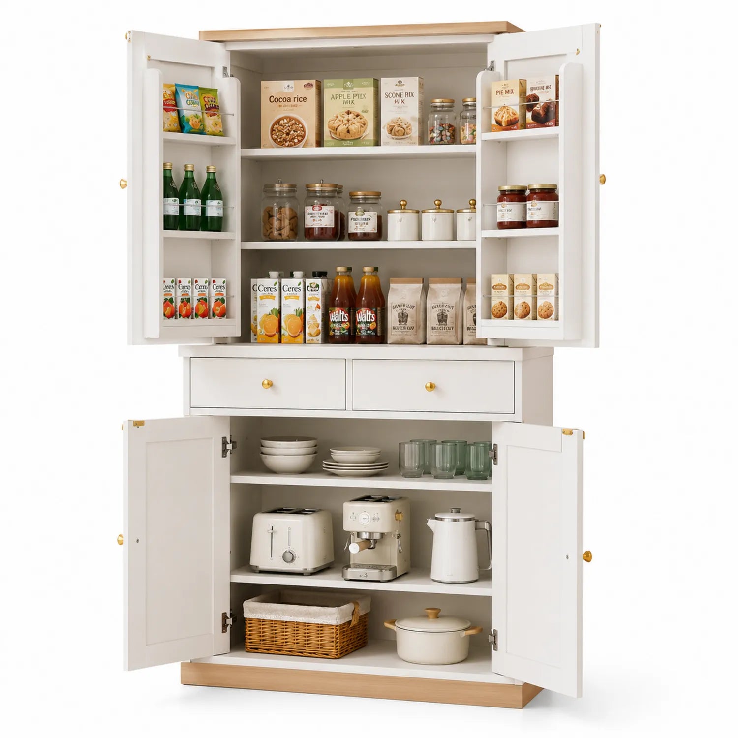 Credenza cucina in legno bianco con ante e scaffali 180x90x40 cm