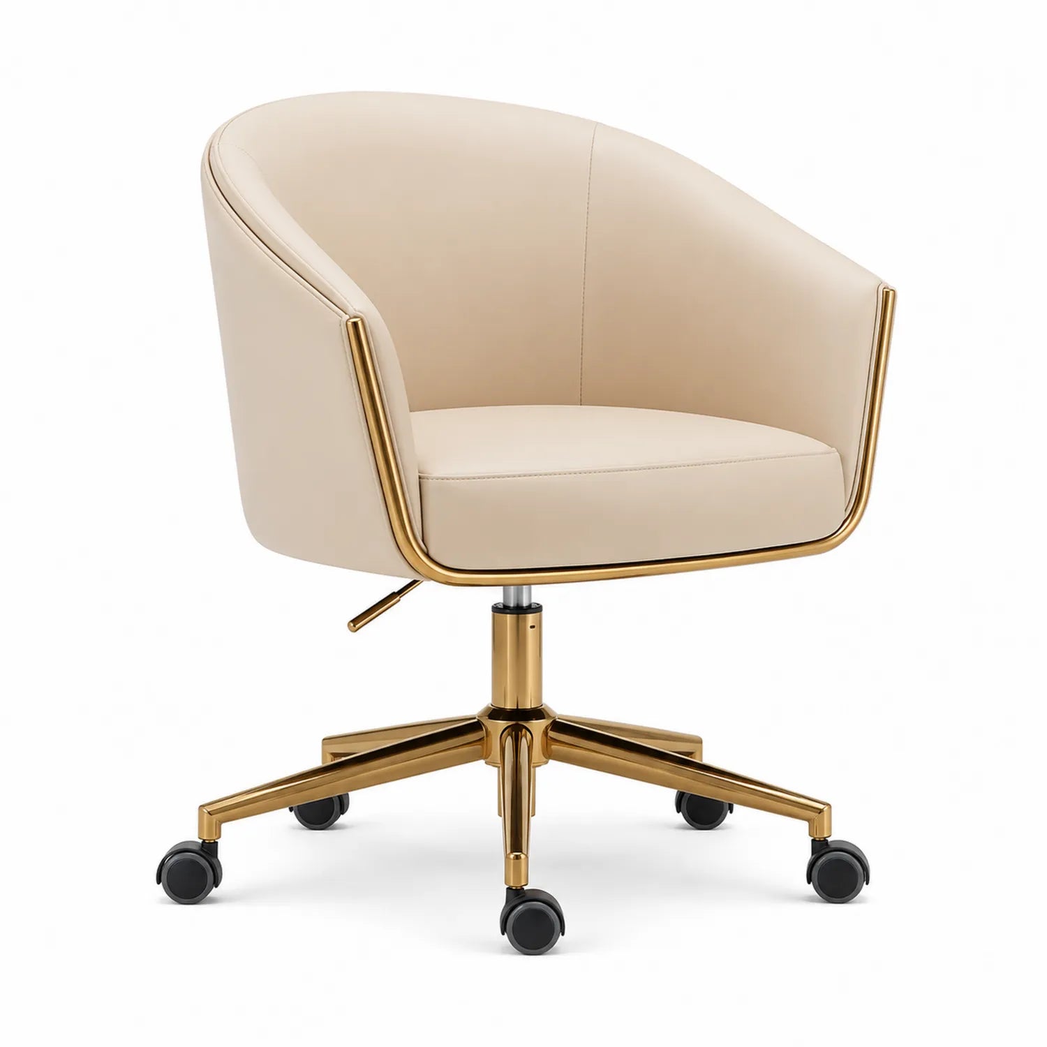 Sedia da ufficio girevole in pelle beige con struttura in metallo dorato