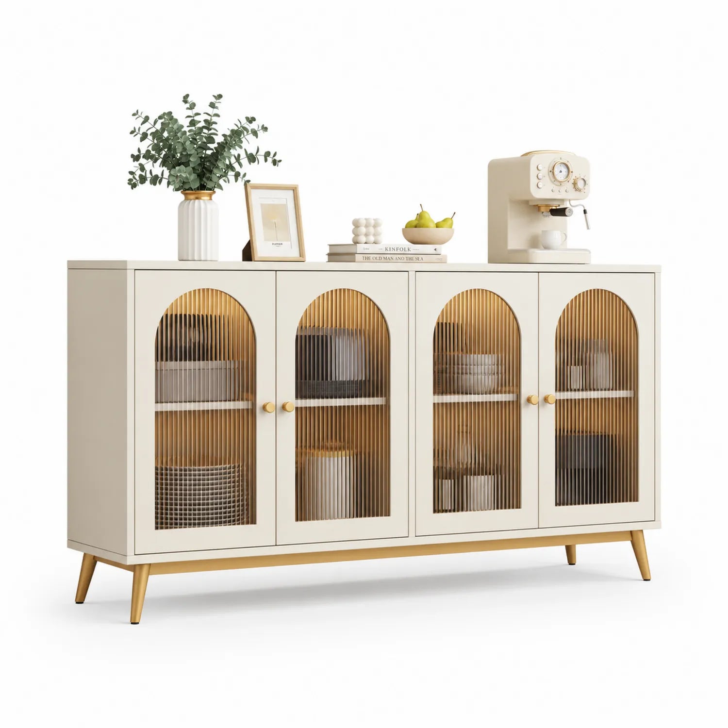 Credenza avorio con ante in vetro scanalato e gambe in legno