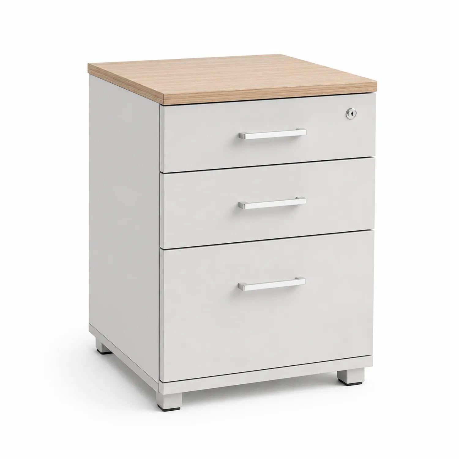 Cassettiera Ufficio 3 Cassetti Metallo Bianco con Ripiano in Legno