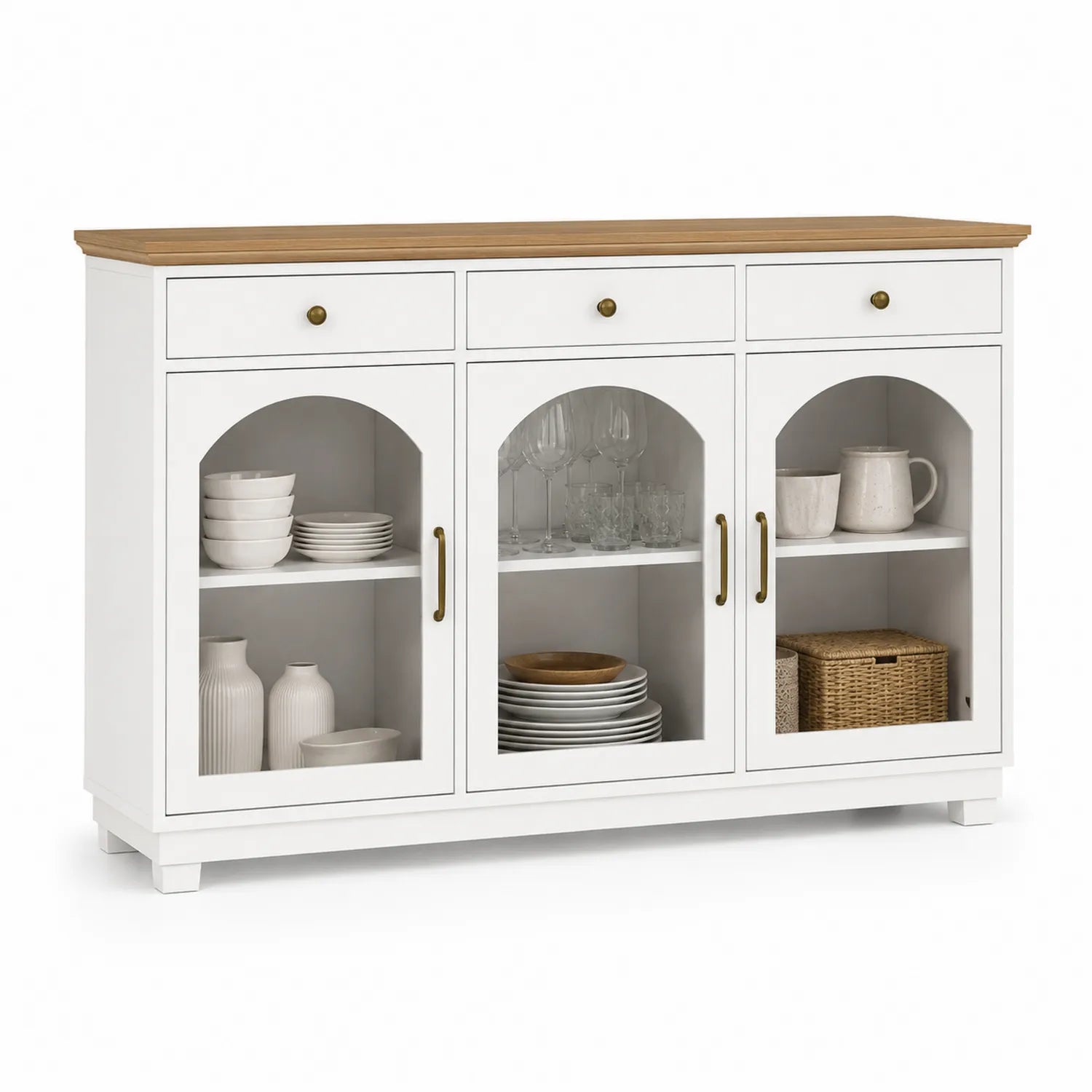 Credenza in MDF Bianco con Ante in Vetro e Piano in Legno