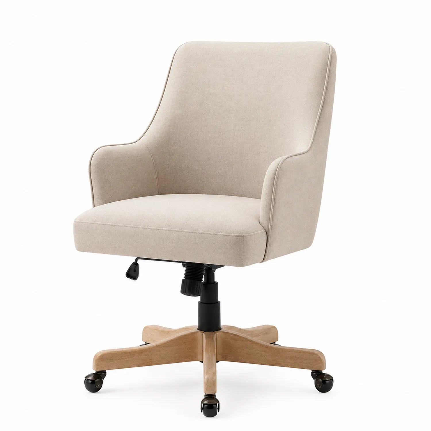 Sedia da Ufficio in Tessuto Beige con Base in Legno e Ruote