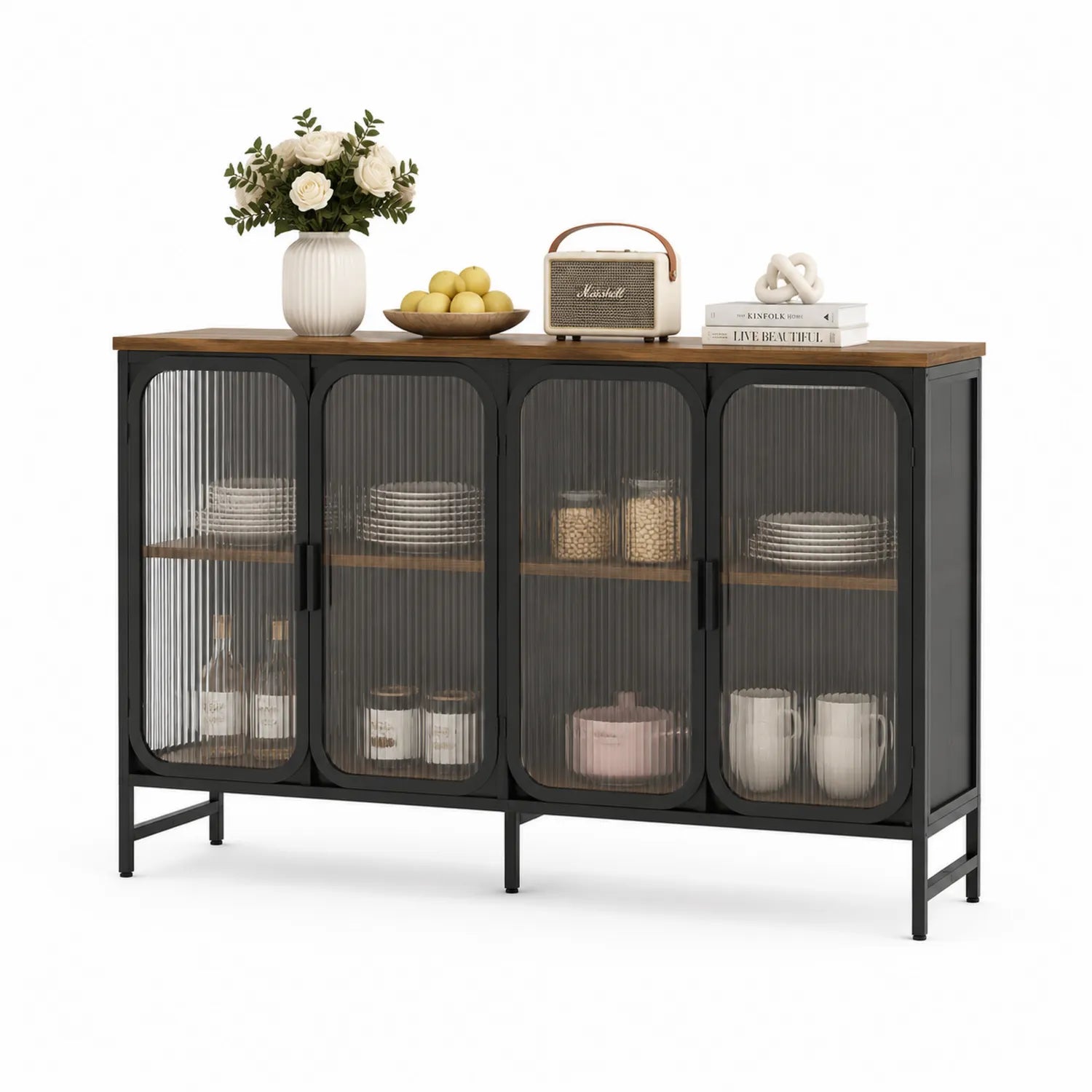 Credenza in metallo nero con ante in vetro ondulato 180x40x90 cm