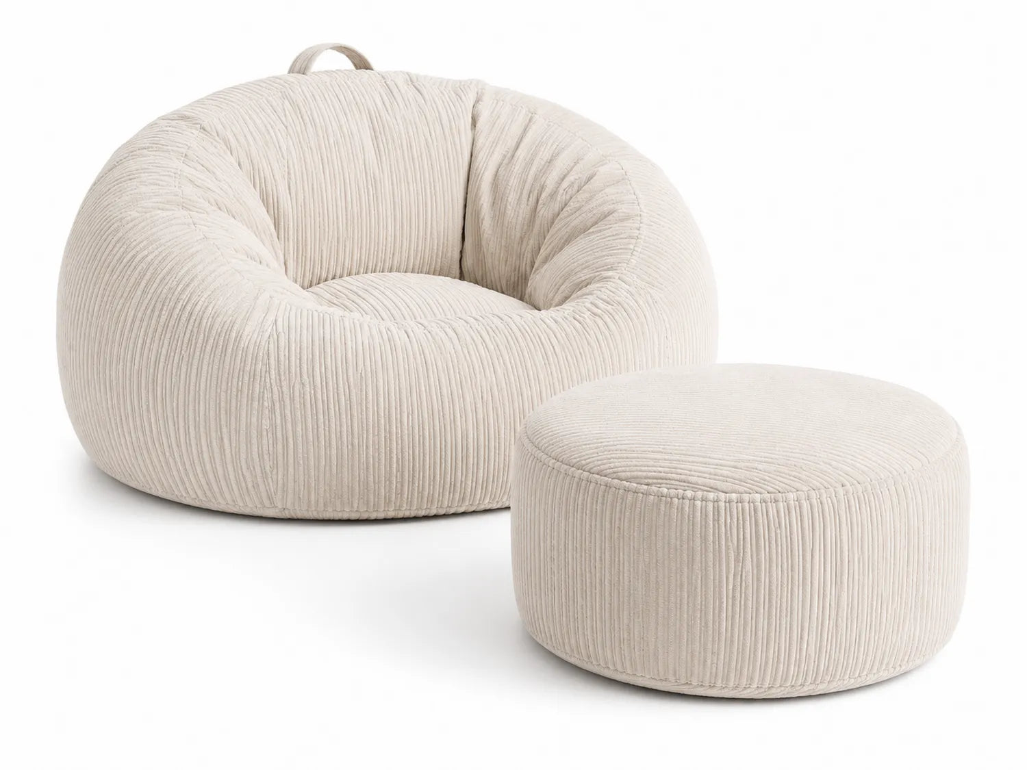 Poltrona sacco in velluto a coste beige con pouf