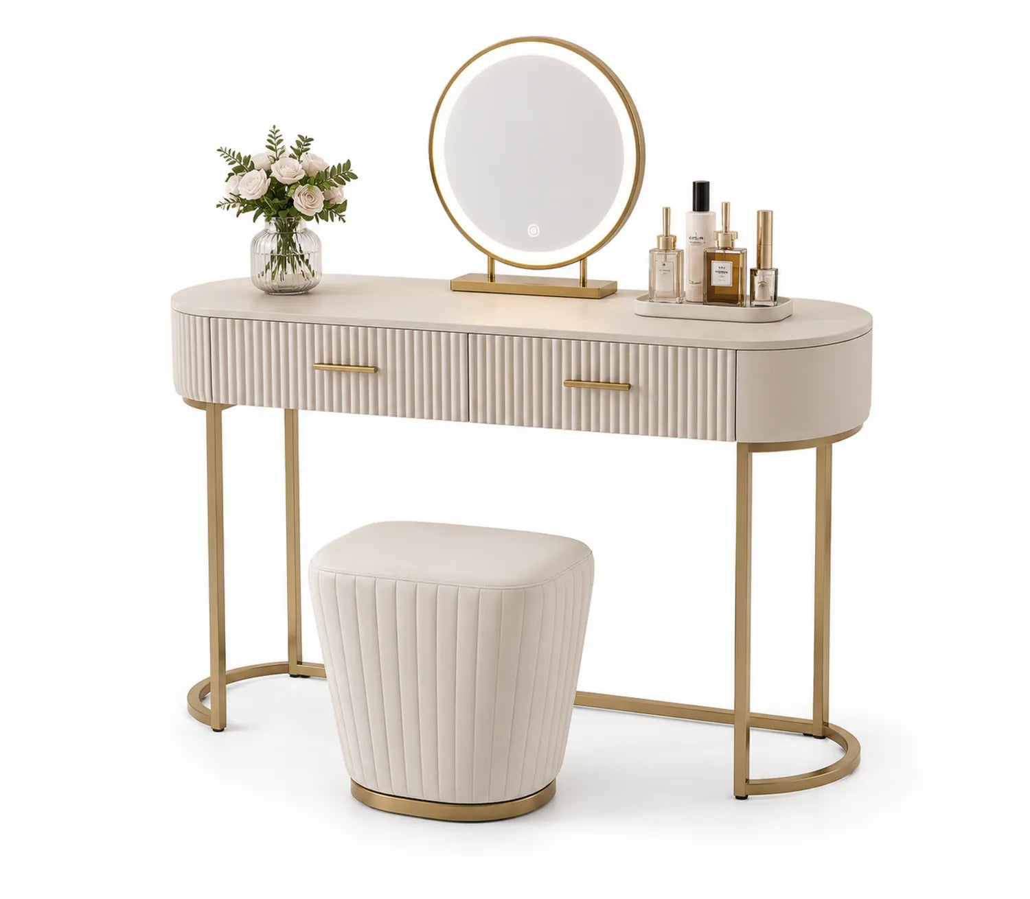 Toletta con Specchio e Sgabello in Metallo e Pelle Sintetica Beige