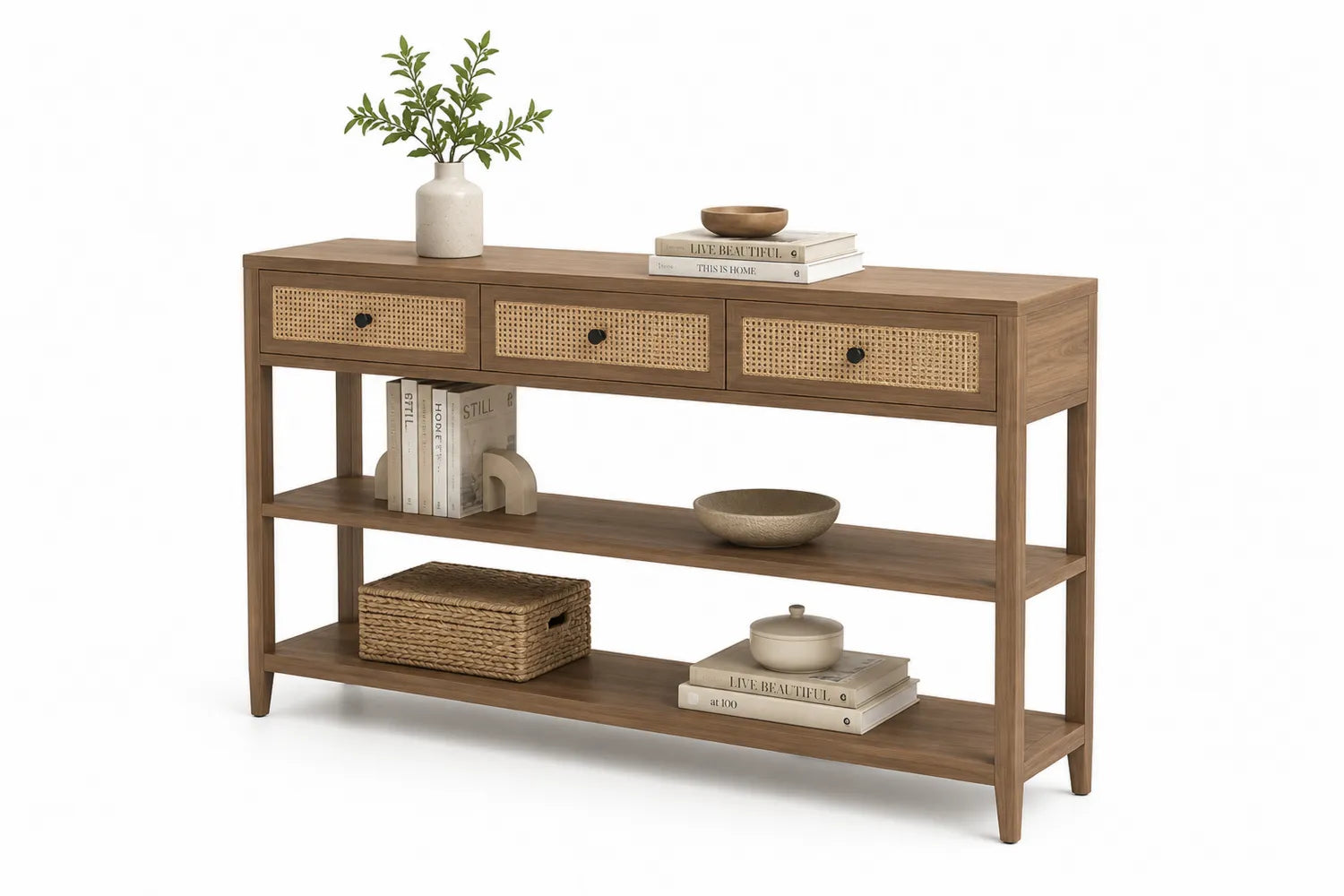 Consolle in Legno e Cassetti in Rattan Marrone