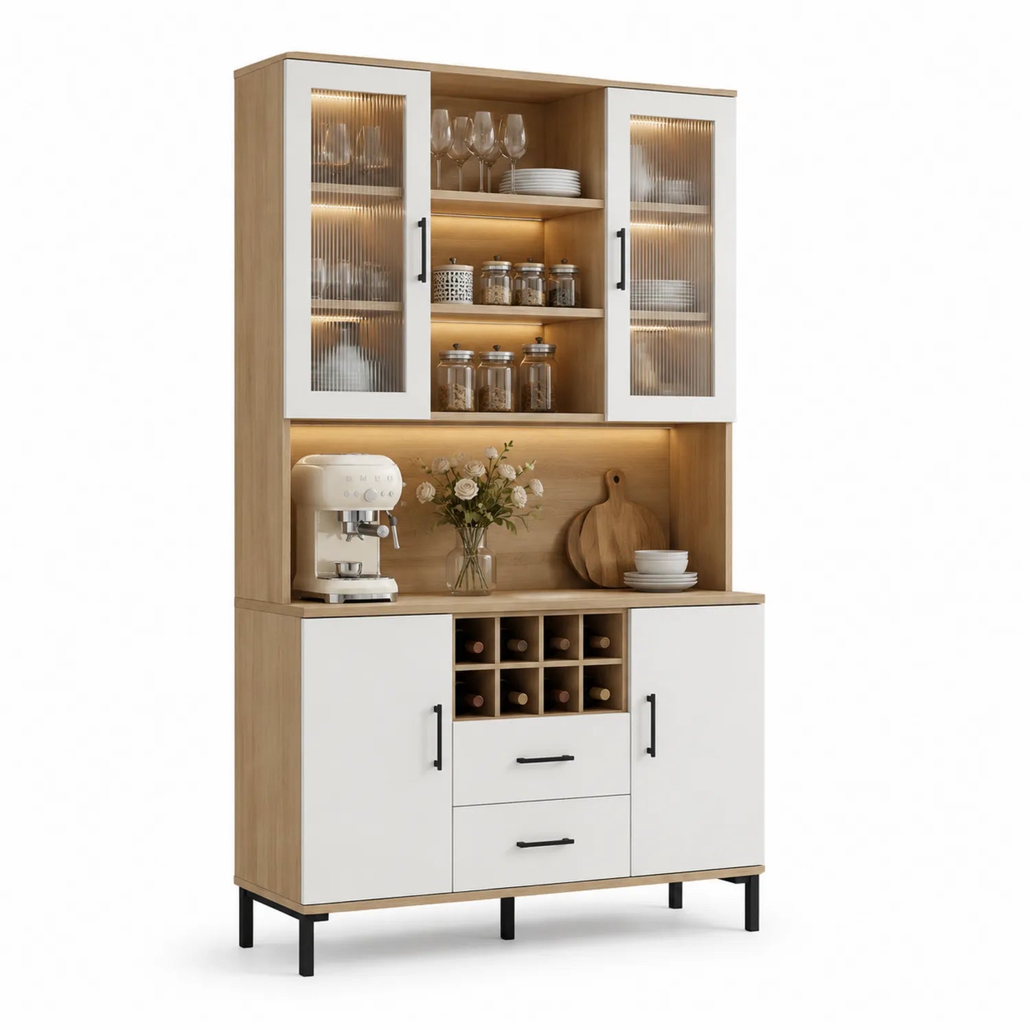 Credenza in legno con ante in vetro temprato, 2 ante, 2 cassetti, Nero e Bianco, 180x90x40 cm