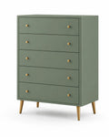 Cassettiera a 5 cassetti in MDF con gambe in metallo, verde