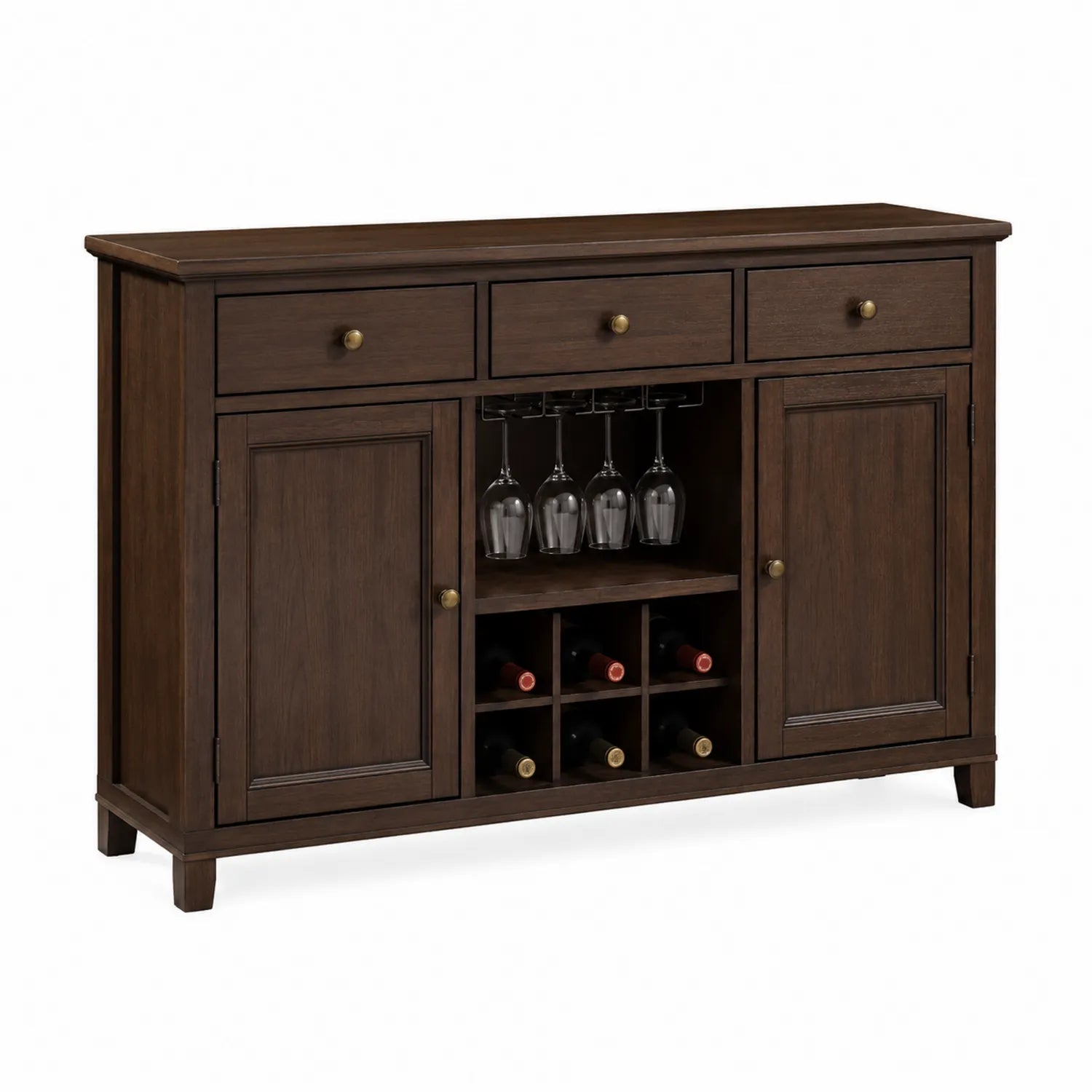 Credenza buffet in legno massello noce con ripiani e cassetti